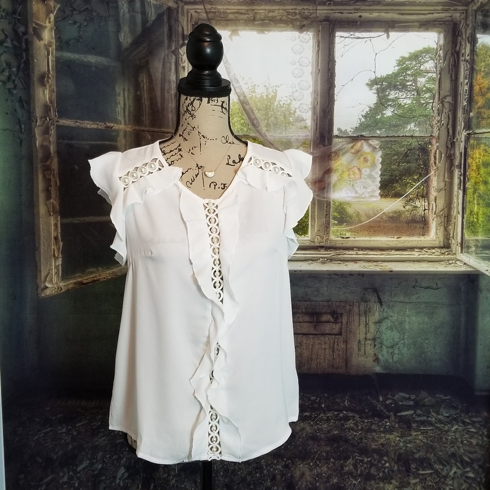 White Flutter Sleeve Tunic Top w/ Pearl Detail